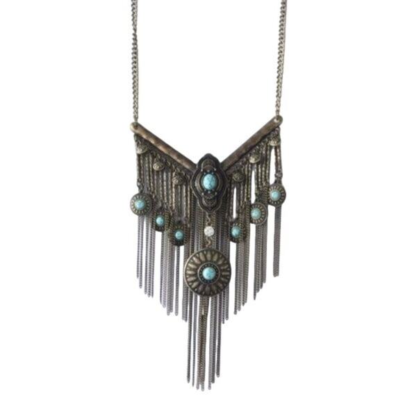 Boho Statement Necklace Antique Brass Finish Turquoise look stone inset New with - Picture 2 of 8